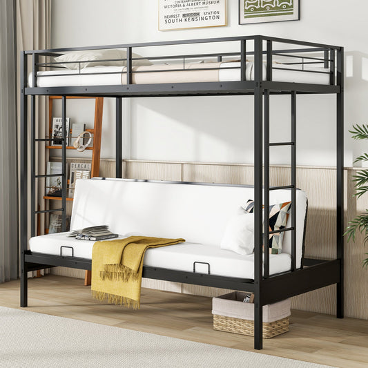 Twin Over Futon Bunk Bed with 2 Ladders and Safety Guardrails-Black - Tampa Home & Garden Store