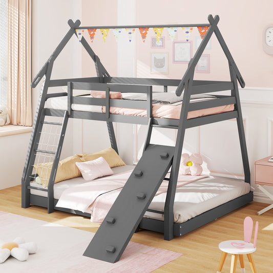 Twin Over Queen Bunk Bed Wooden Kids Bed with Climbing Nets and Ramp - Tampa Home & Garden Store