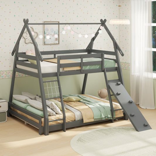 Twin Over Queen Bunk Bed Wooden Kids Bed with Climbing Nets and Ramp - Tampa Home & Garden Store