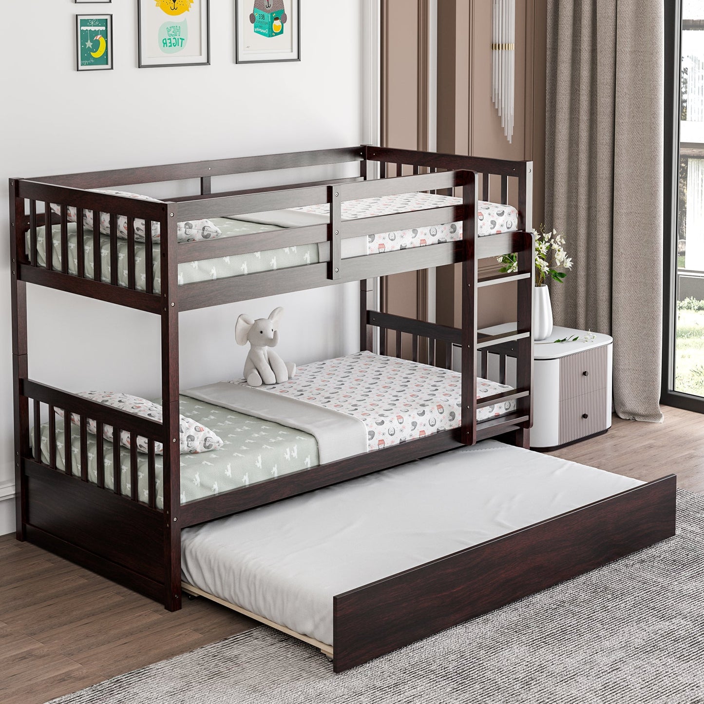 Litera doble sobre doble con cama nido extraíble y escalera - Espresso