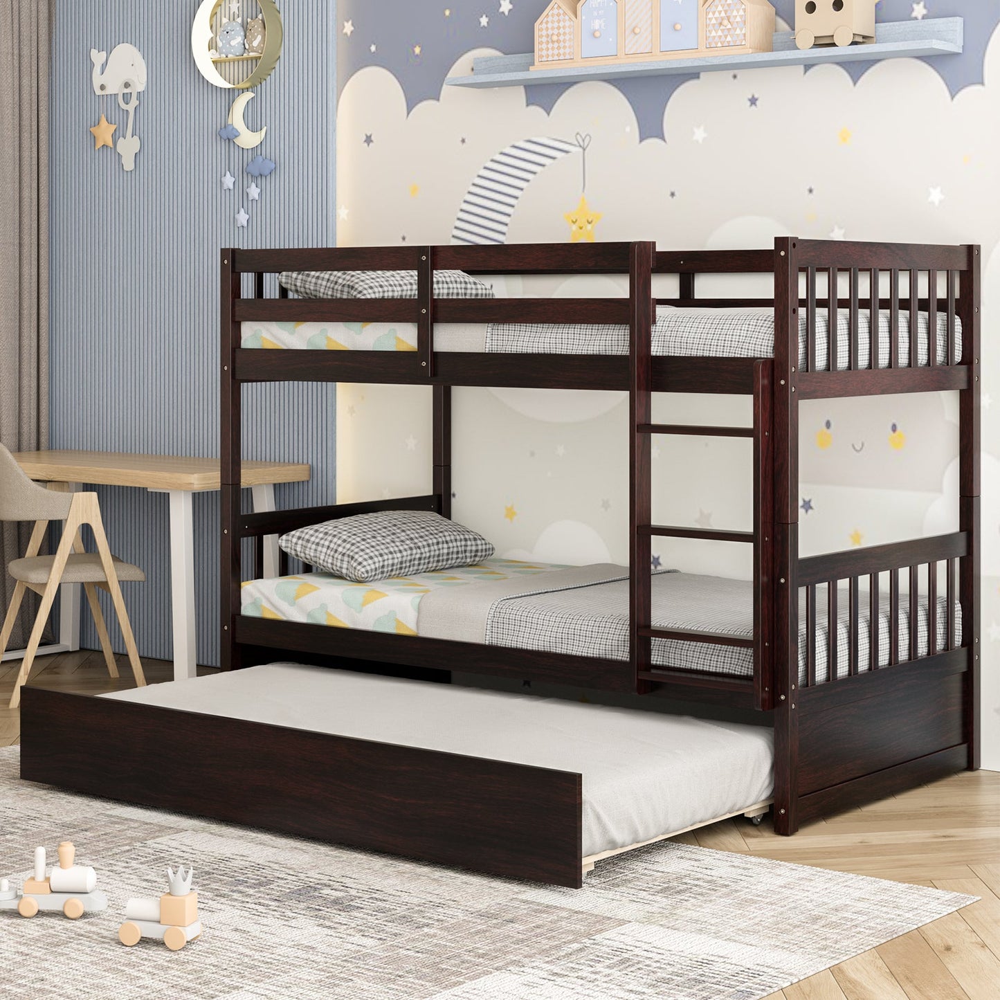 Litera doble sobre doble con cama nido extraíble y escalera - Espresso