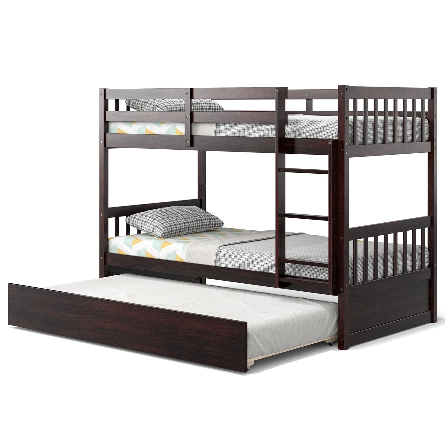 Litera doble sobre doble con cama nido extraíble y escalera - Espresso