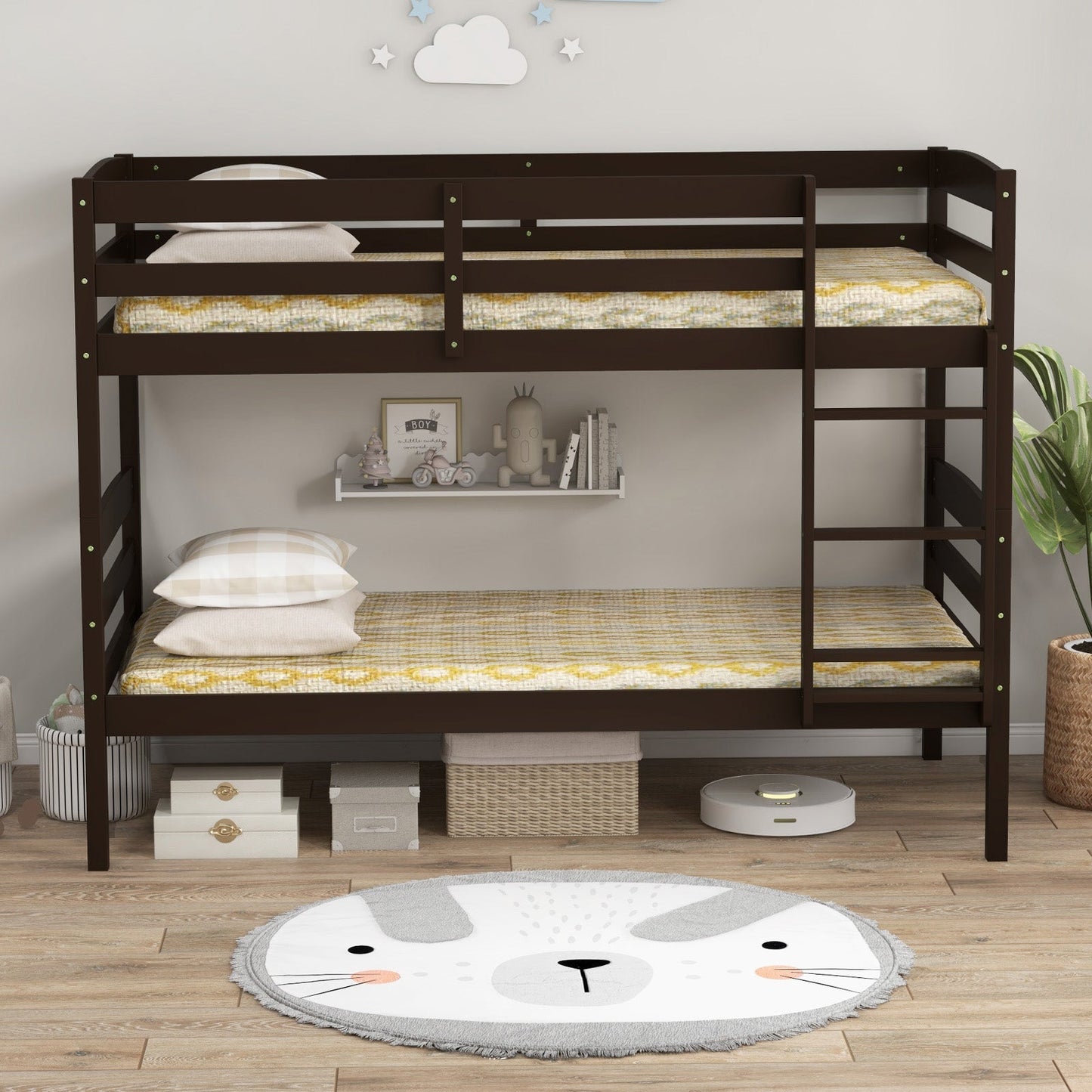 Litera doble de madera maciza con barandillas altas y escalera integrada - Espresso