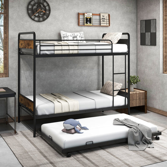 Twin Over Twin Bunk Bed with Trundle with Ladder and Full-length Guardrails-Black - Tampa Home & Garden Store