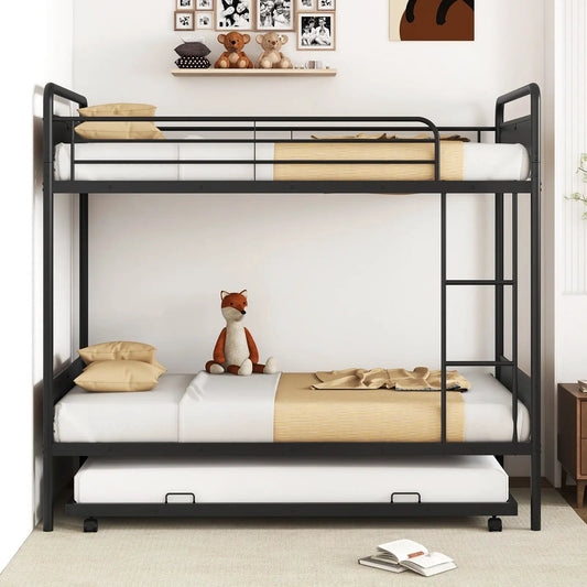 Twin Over Twin Bunk Bed with Trundle in black with ladder and full-length guardrails on Tampa Home & Garden Store