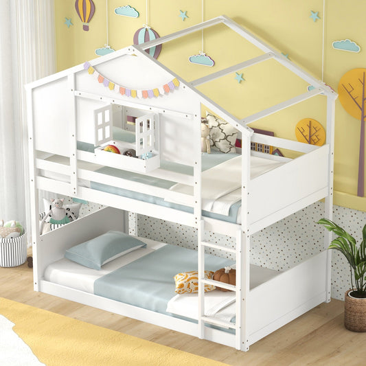 Twin Over Twin Bunk Bed for Kids with Roof and Lockable Window-White - Tampa Home & Garden Store