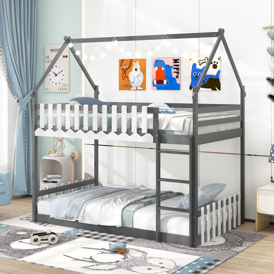 Twin Over Twin Bunk Bed with Fence and Ladder for Kids-Gray - Tampa Home & Garden Store
