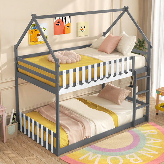 Twin Over Twin Bunk Bed with Fence and Ladder for Kids-Gray - Tampa Home & Garden Store