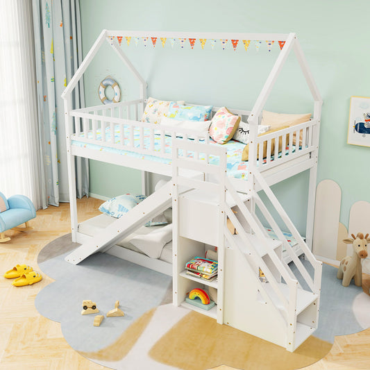 Twin Over Twin Bunk Bed with Slide and Staircase-White - Tampa Home & Garden Store