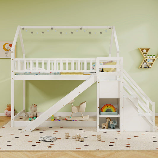 Twin Over Twin Bunk Bed with Slide and Staircase-White - Tampa Home & Garden Store