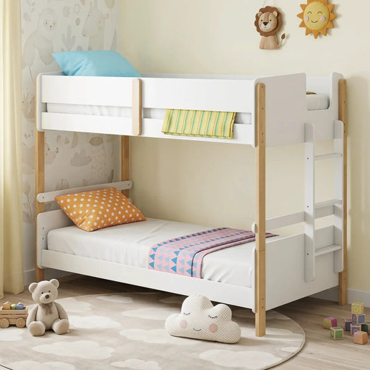Twin over twin bunk bed with ladder, white frame and natural wood posts DirectDeals on Tampa Home & Garden Store