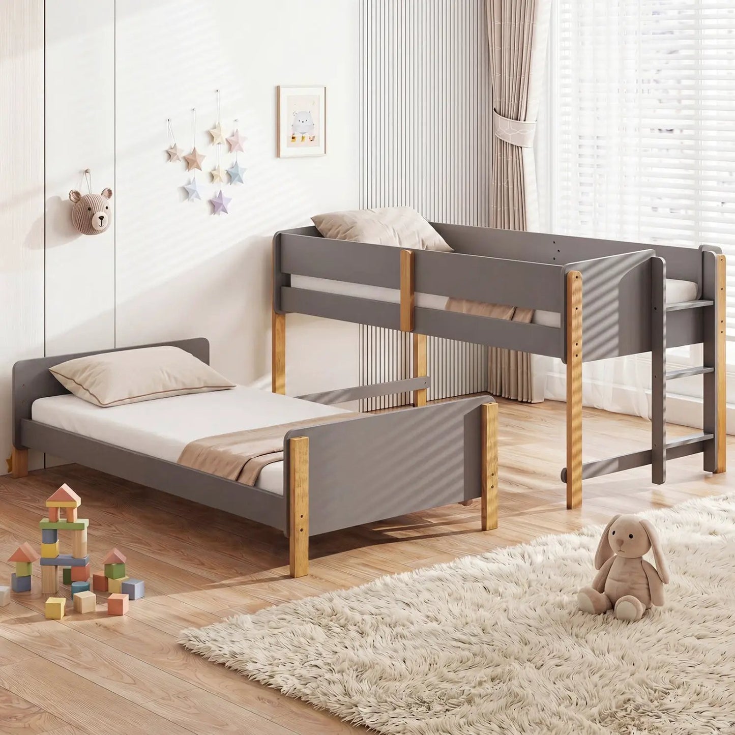Twin Over Twin Bunk Bed With Convertible Design