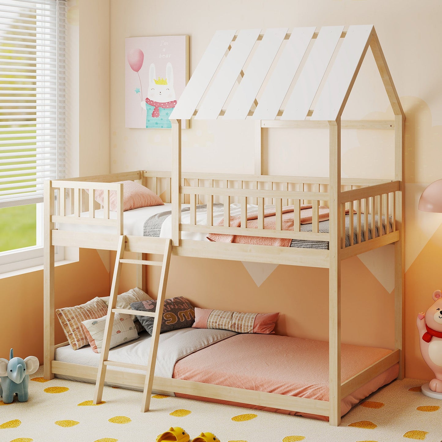 Twin Over Twin House Bunk Bed with Roof and Full-length Guardrails for Kids Teens Boys Girls - Tampa Home & Garden Store