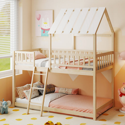 Twin Over Twin House Bunk Bed with Roof and Full-length Guardrails for Kids Teens Boys Girls - Tampa Home & Garden Store