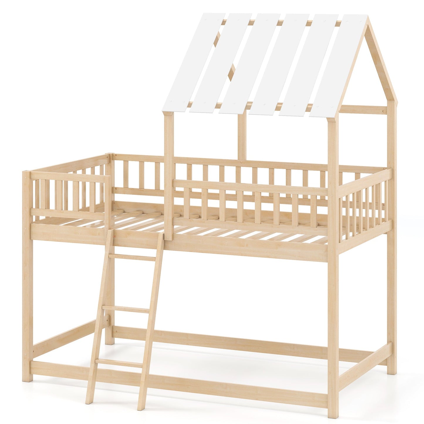 Twin Over Twin House Bunk Bed with Roof and Full-length Guardrails for Kids Teens Boys Girls - Tampa Home & Garden Store