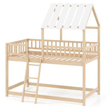 Twin Over Twin House Bunk Bed with Roof and Full-length Guardrails for Kids Teens Boys Girls - Tampa Home & Garden Store