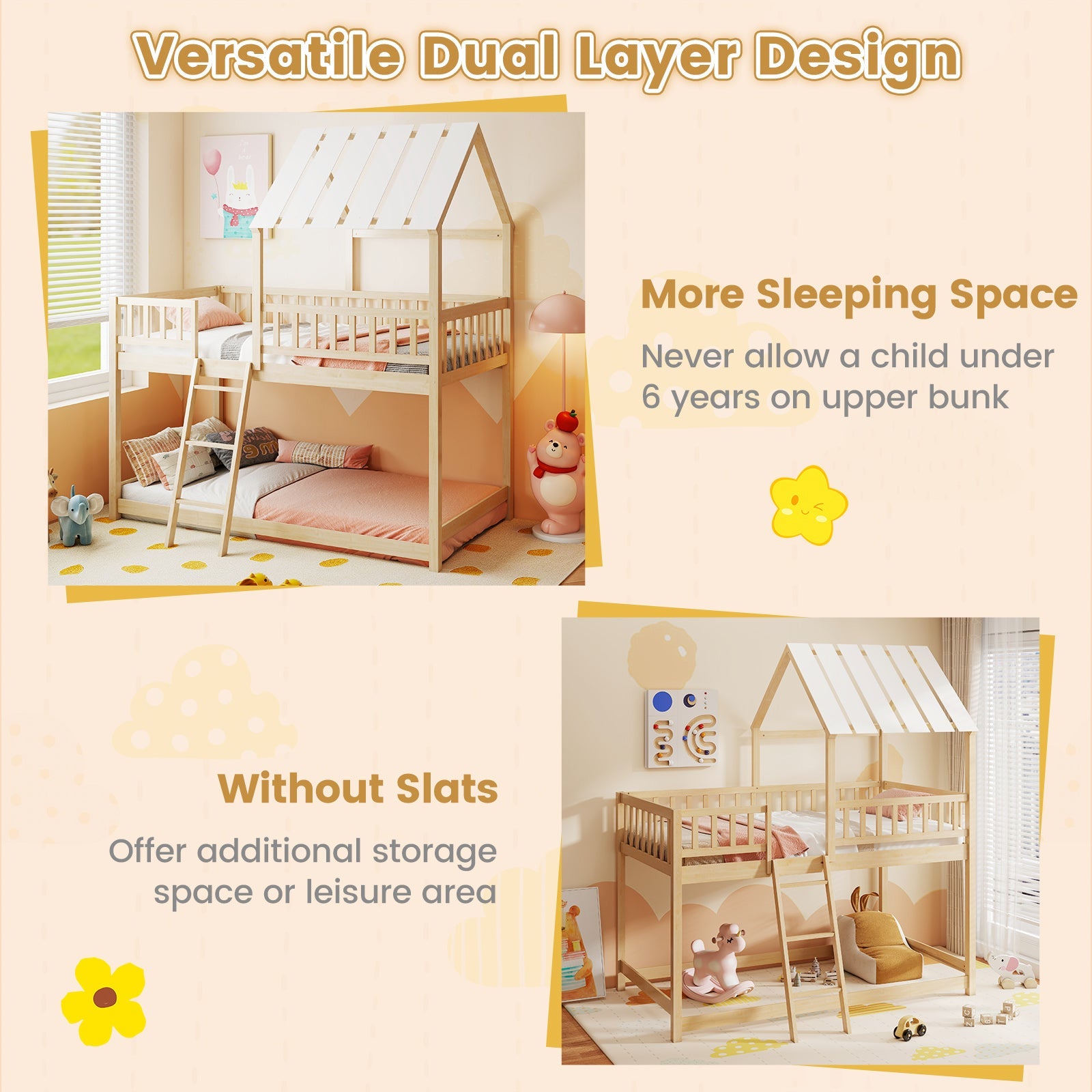 Twin Over Twin House Bunk Bed with Roof and Full-length Guardrails for Kids Teens Boys Girls - Tampa Home & Garden Store
