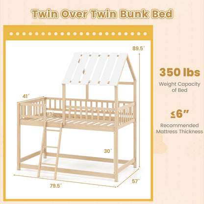 Twin Over Twin House Bunk Bed with Roof and Full-length Guardrails for Kids Teens Boys Girls - Tampa Home & Garden Store