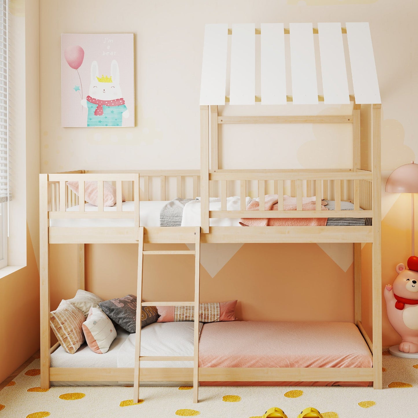 Twin Over Twin House Bunk Bed with Roof and Full-length Guardrails for Kids Teens Boys Girls - Tampa Home & Garden Store