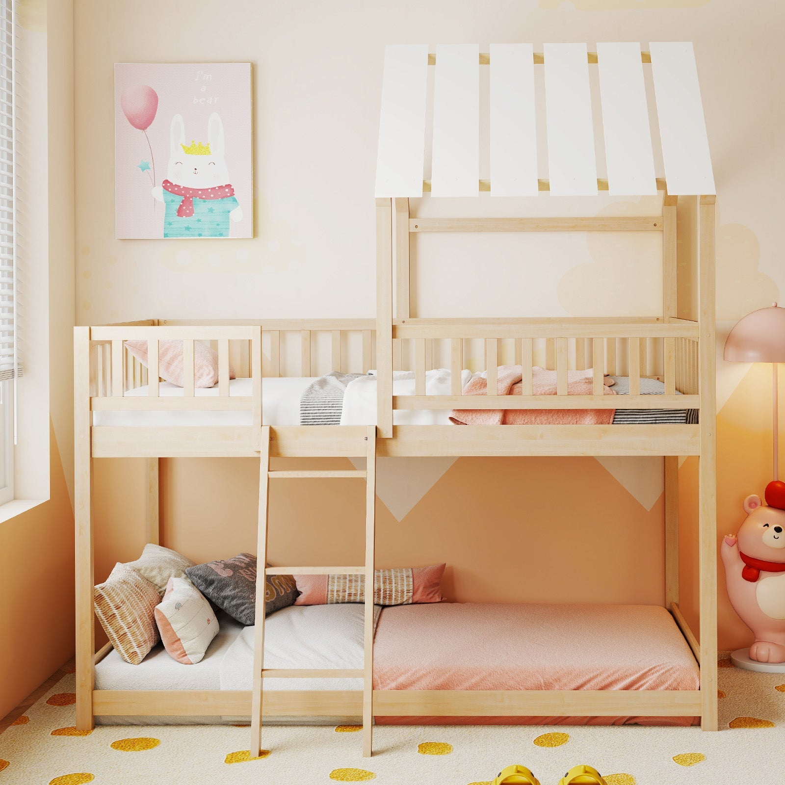 Twin Over Twin House Bunk Bed with Roof and Full-length Guardrails for Kids Teens Boys Girls - Tampa Home & Garden Store