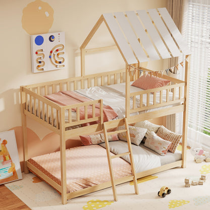 Twin Over Twin House Bunk Bed with Roof and Full-length Guardrails for Kids Teens Boys Girls - Tampa Home & Garden Store