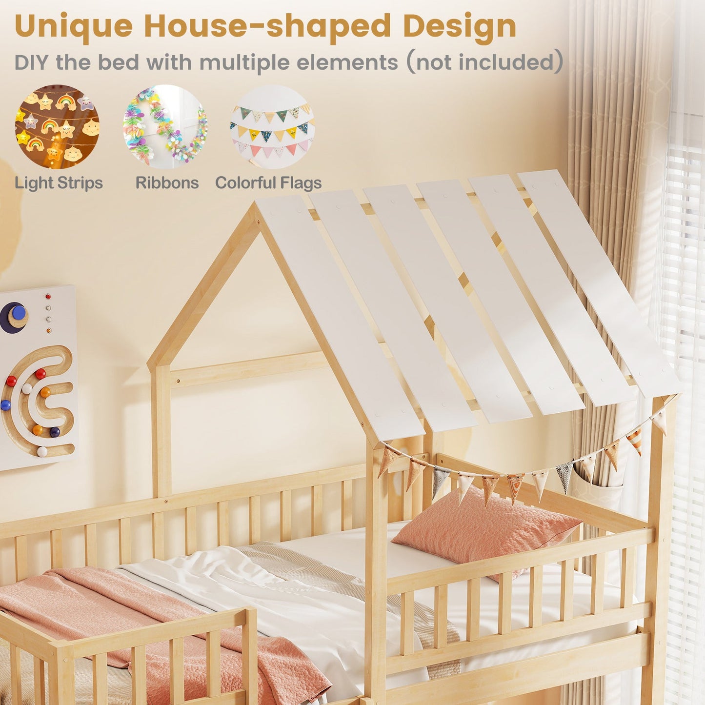 Twin Over Twin House Bunk Bed with Roof and Full-length Guardrails for Kids Teens Boys Girls - Tampa Home & Garden Store