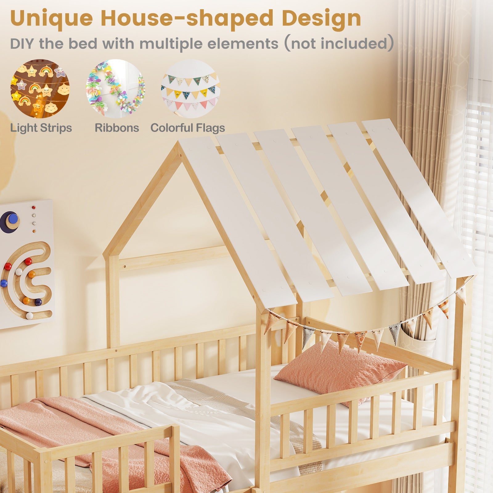 Twin Over Twin House Bunk Bed with Roof and Full-length Guardrails for Kids Teens Boys Girls - Tampa Home & Garden Store