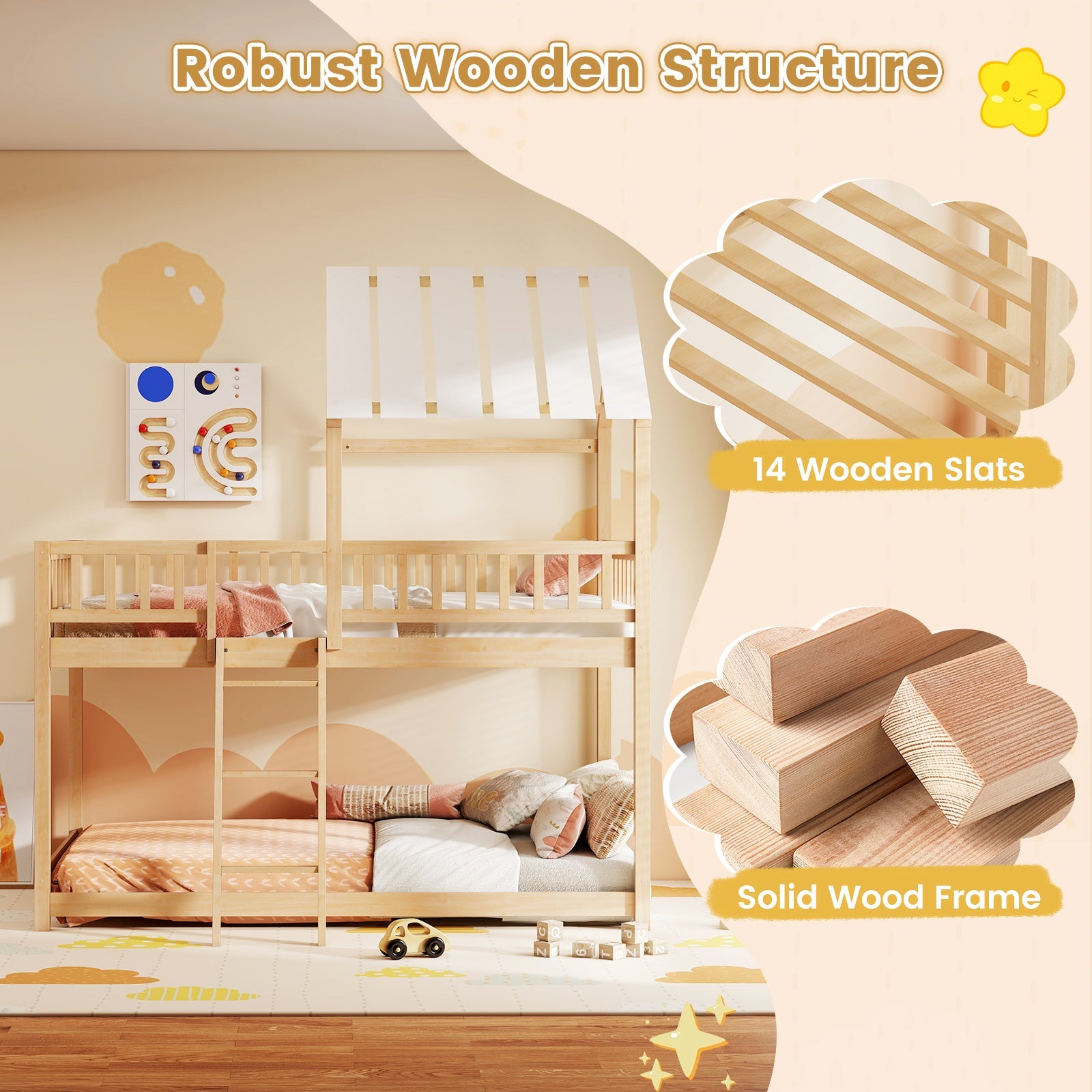Twin Over Twin House Bunk Bed with Roof and Full-length Guardrails for Kids Teens Boys Girls - Tampa Home & Garden Store