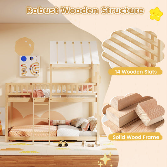 Twin Over Twin House Bunk Bed with Roof and Full-length Guardrails for Kids Teens Boys Girls - Tampa Home & Garden Store