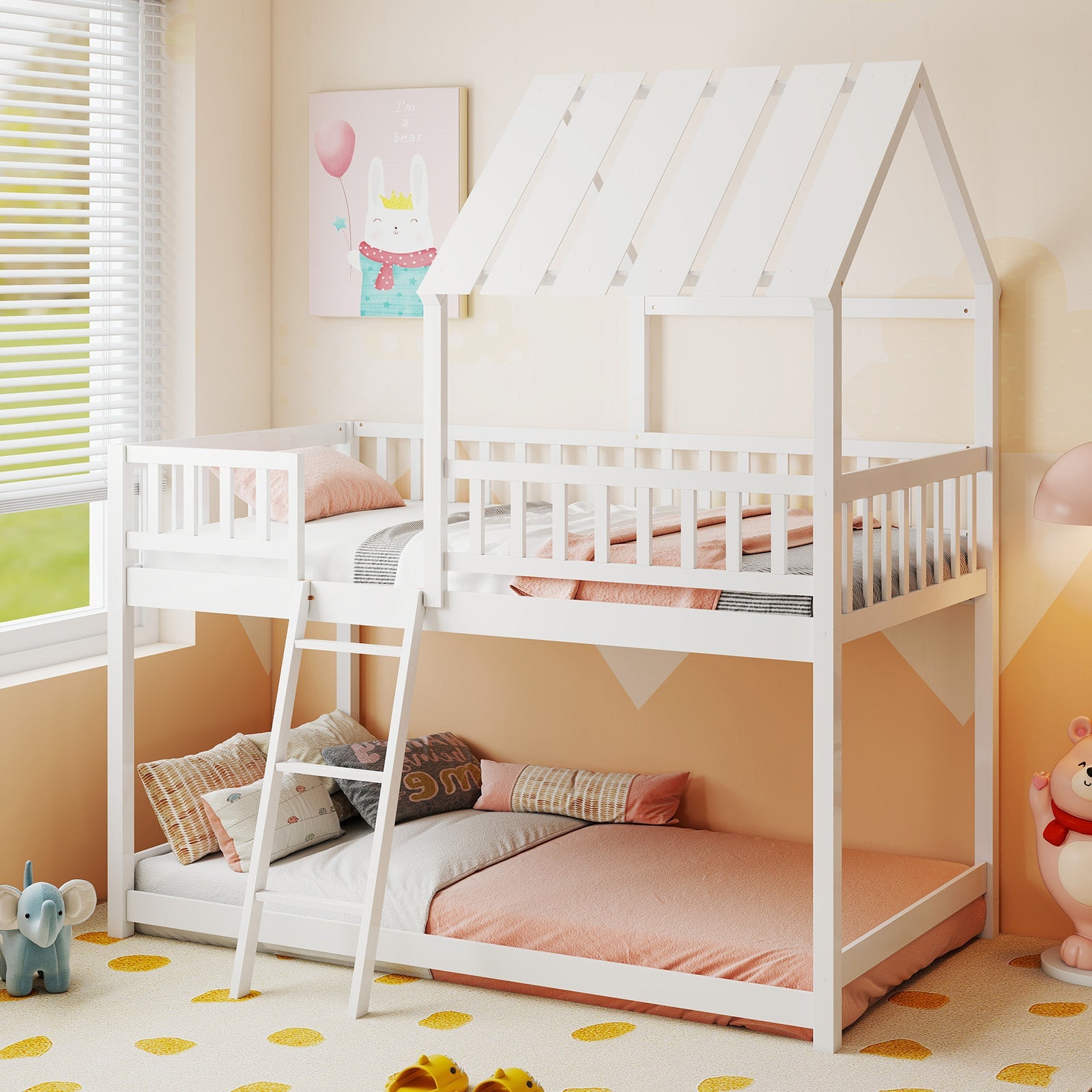 Twin Over Twin House Bunk Bed with Roof and Full-length Guardrails for Kids Teens Boys Girls - Tampa Home & Garden Store