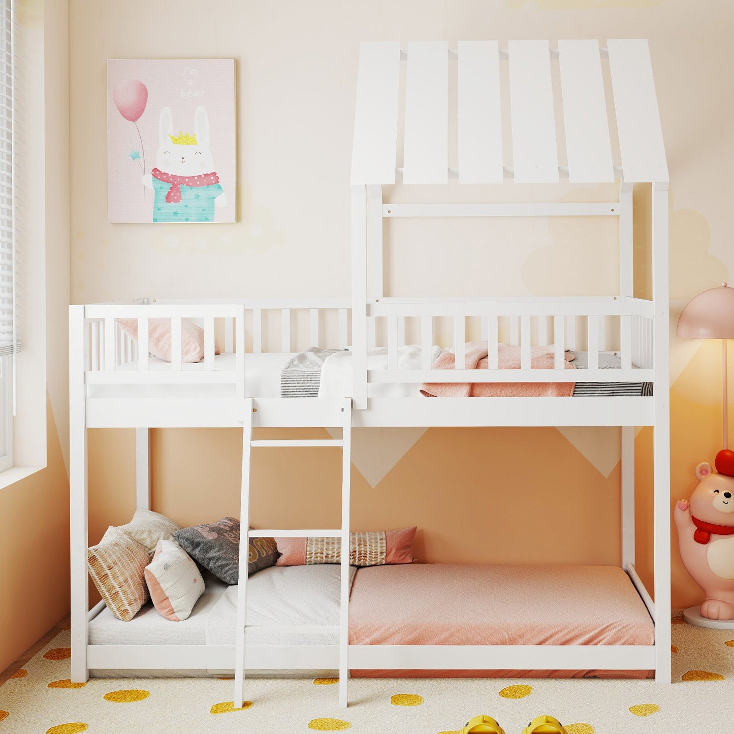 Twin Over Twin House Bunk Bed with Roof and Full-length Guardrails for Kids Teens Boys Girls - Tampa Home & Garden Store