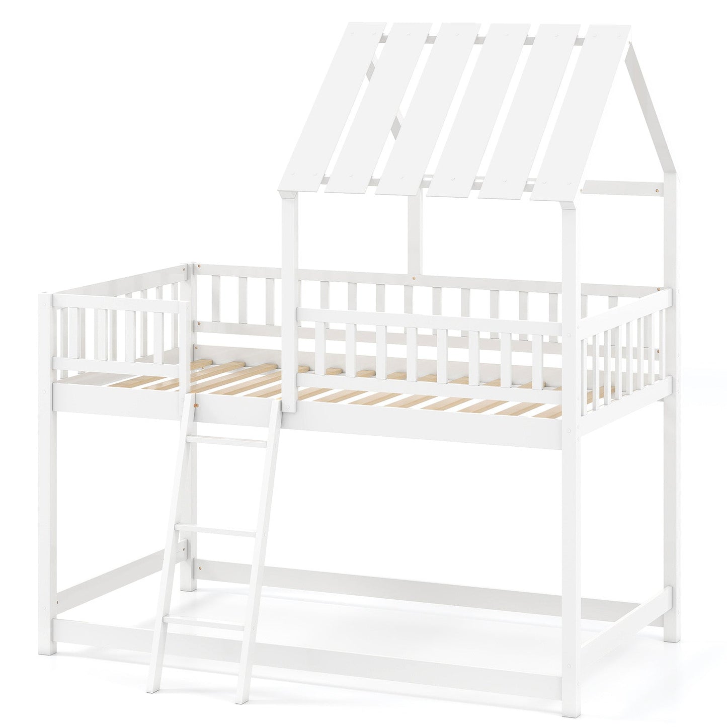 Twin Over Twin House Bunk Bed with Roof and Full-length Guardrails for Kids Teens Boys Girls - Tampa Home & Garden Store