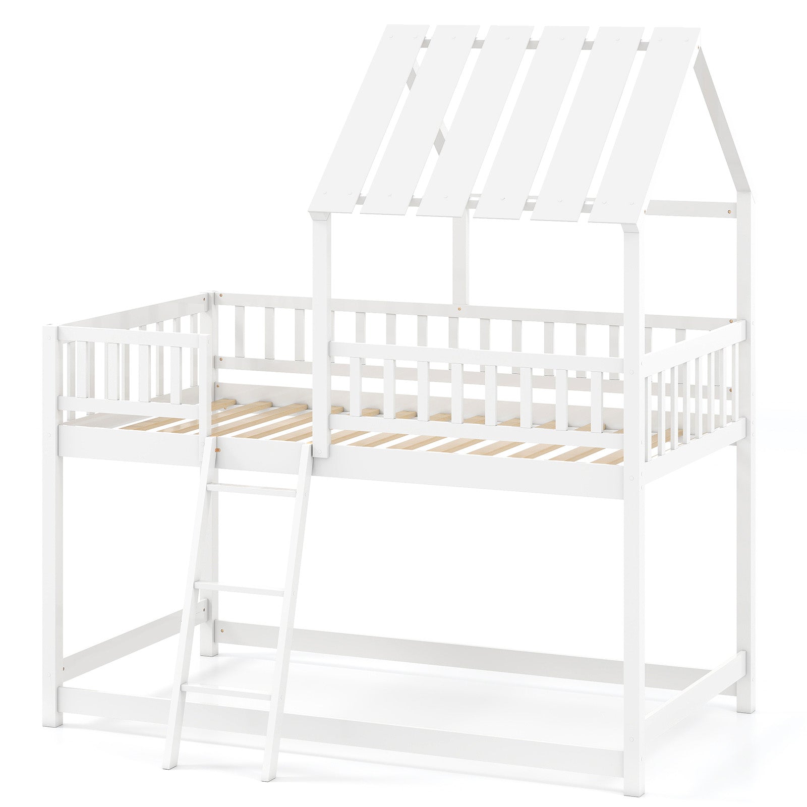 Twin Over Twin House Bunk Bed with Roof and Full-length Guardrails for Kids Teens Boys Girls - Tampa Home & Garden Store