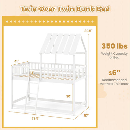 Twin Over Twin House Bunk Bed with Roof and Full-length Guardrails for Kids Teens Boys Girls - Tampa Home & Garden Store