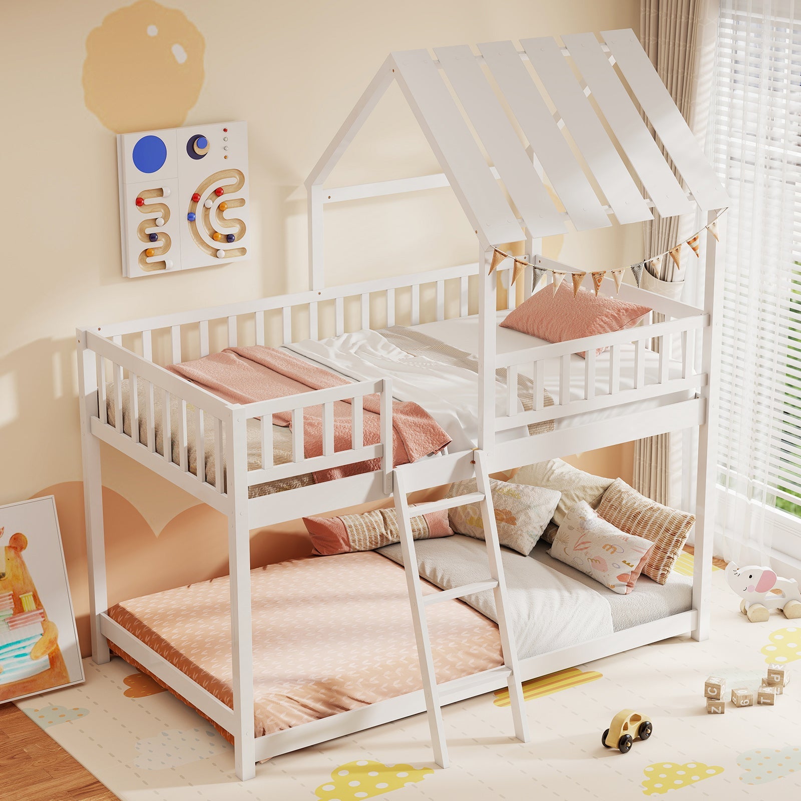 Twin Over Twin House Bunk Bed with Roof and Full-length Guardrails for Kids Teens Boys Girls - Tampa Home & Garden Store
