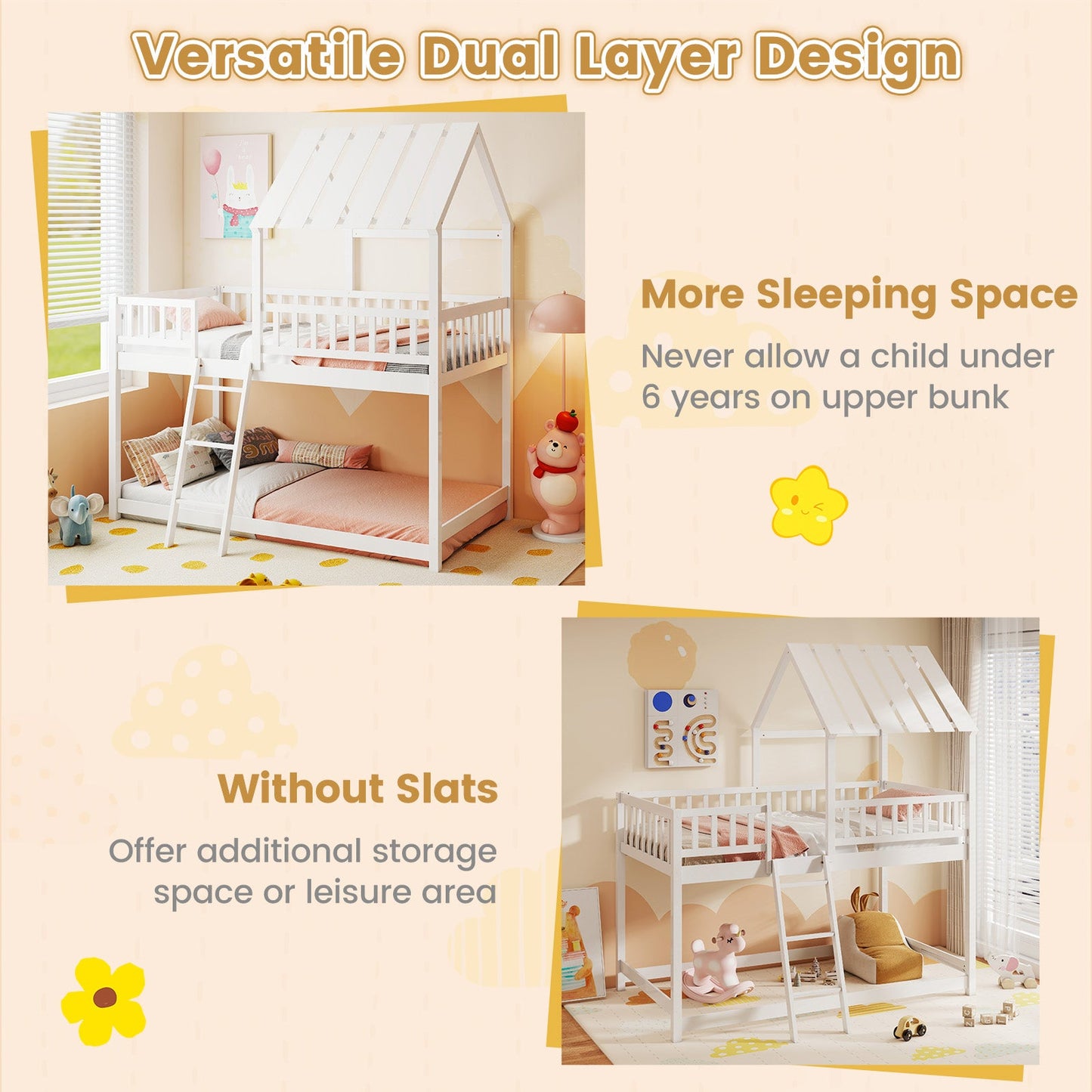 Twin Over Twin House Bunk Bed with Roof and Full-length Guardrails for Kids Teens Boys Girls - Tampa Home & Garden Store