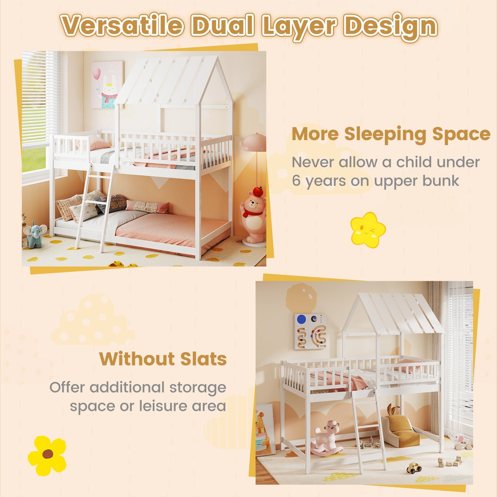 Twin Over Twin House Bunk Bed with Roof and Full-length Guardrails for Kids Teens Boys Girls - Tampa Home & Garden Store