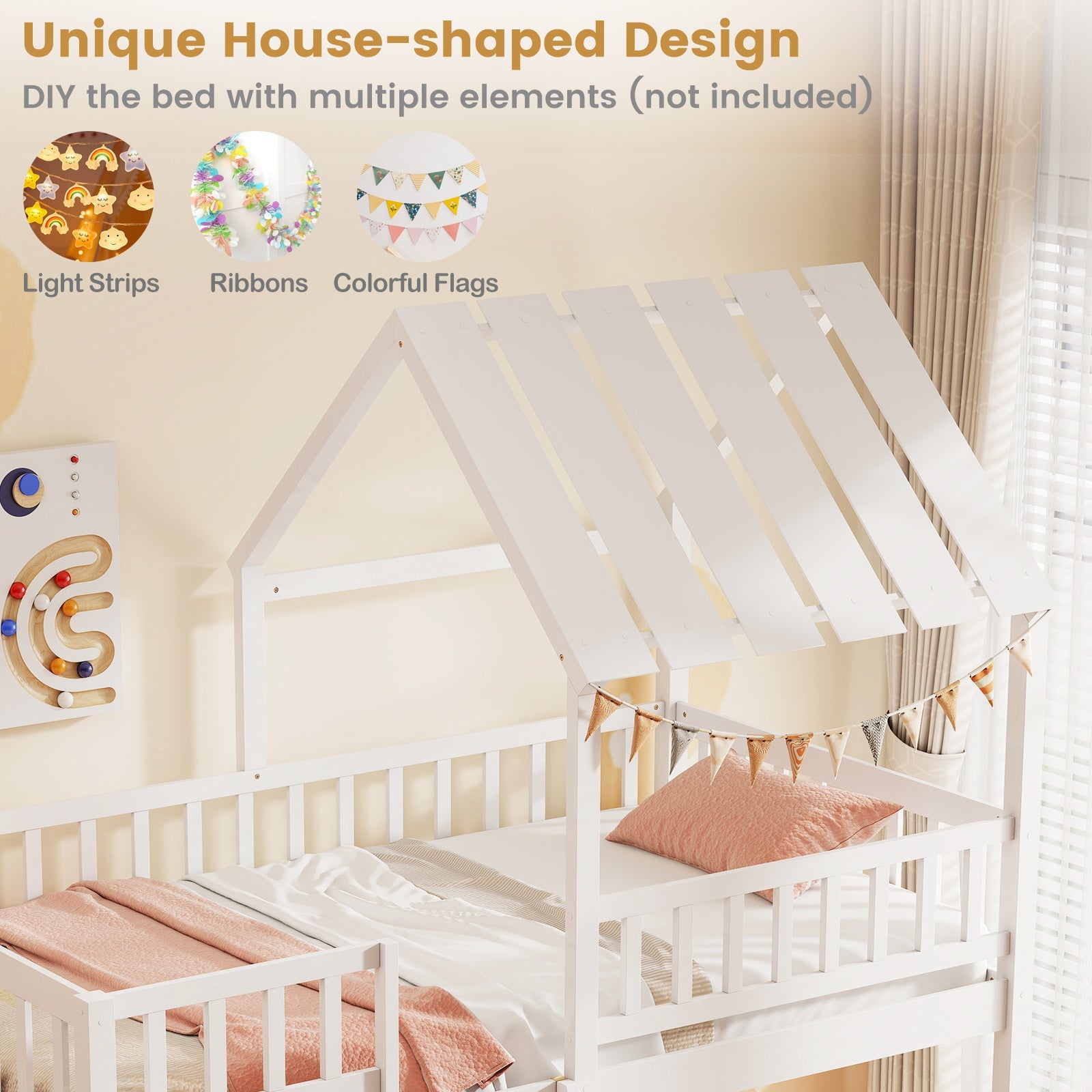 Twin Over Twin House Bunk Bed with Roof and Full-length Guardrails for Kids Teens Boys Girls - Tampa Home & Garden Store