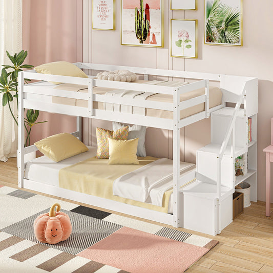 Twin Over Twin Low Bunk Bed with Storage Stairs Solid Wood Floor Bunk Bed Frame-White - Tampa Home & Garden Store