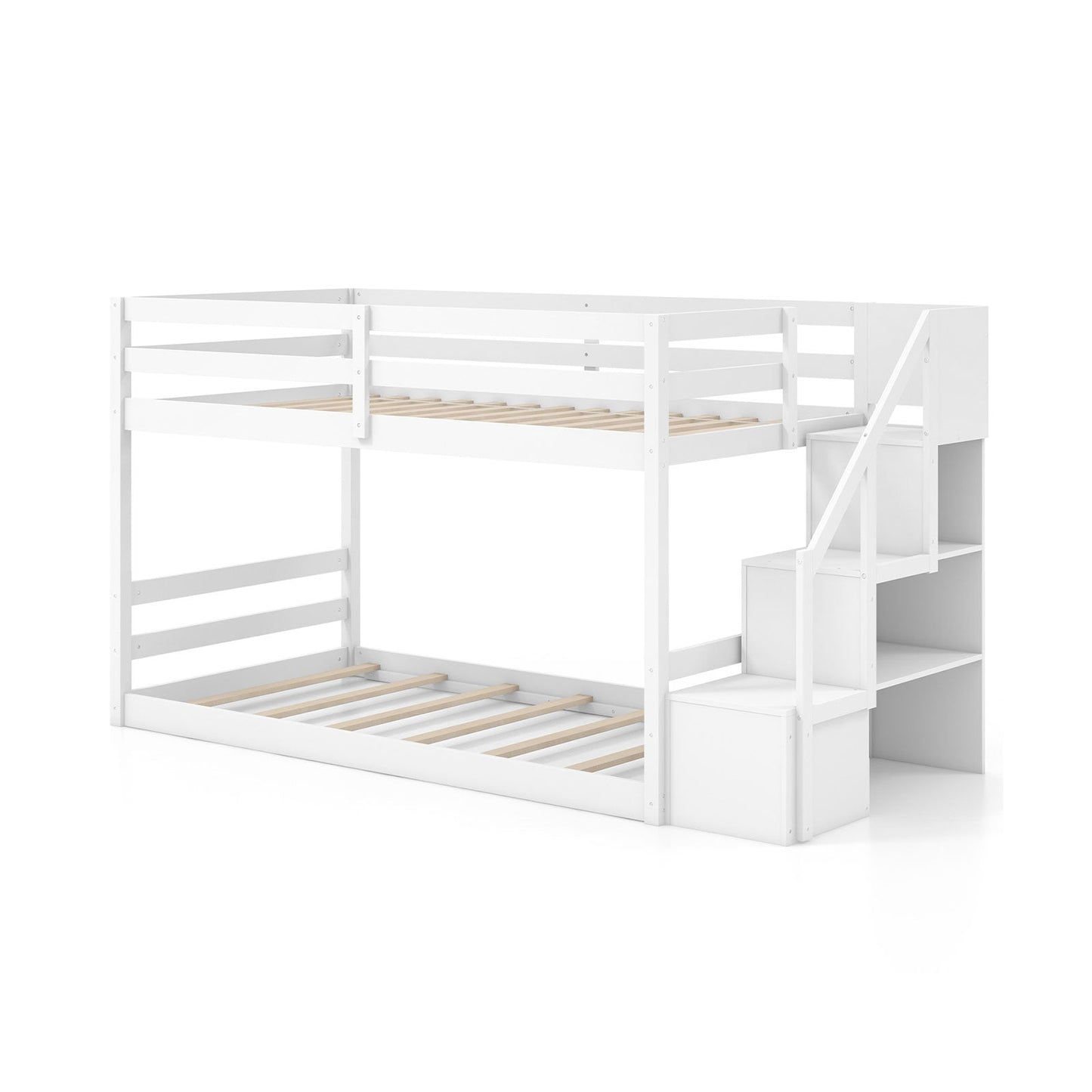Litera doble sobre doble baja con escalera de almacenamiento Marco de litera de madera maciza para el suelo-Blanco