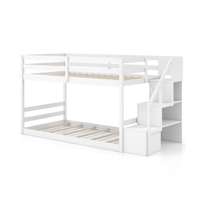 Litera doble sobre doble baja con escalera de almacenamiento Marco de litera de madera maciza para el suelo-Blanco