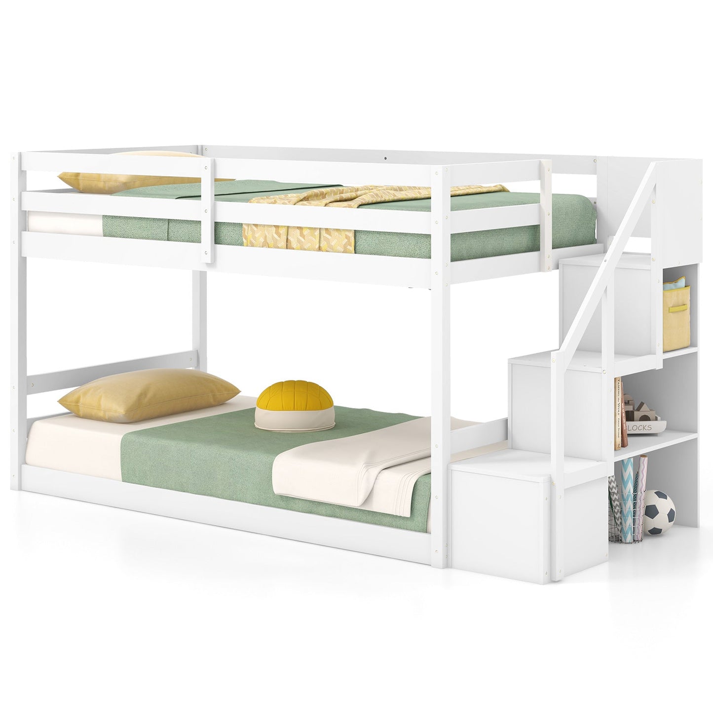 Litera doble sobre doble baja con escalera de almacenamiento Marco de litera de madera maciza para el suelo-Blanco