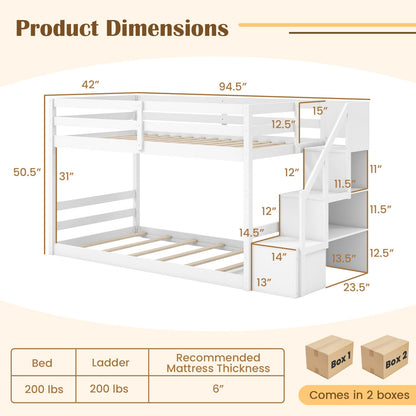 Litera doble sobre doble baja con escalera de almacenamiento Marco de litera de madera maciza para el suelo-Blanco