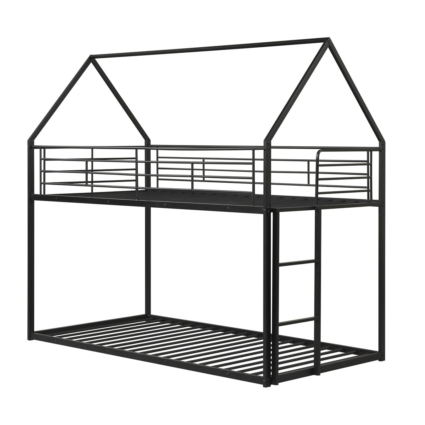 Twin Over Twin Metal Bunk Bed with Roof and Ladder