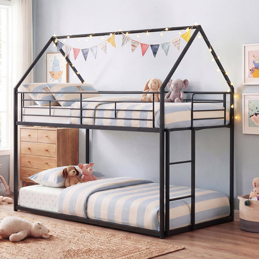 Twin Over Twin Metal Bunk Bed with Roof and Ladder - Tampa Home & Garden Store