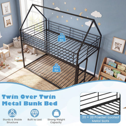 Twin Over Twin Metal Bunk Bed with Roof and Ladder