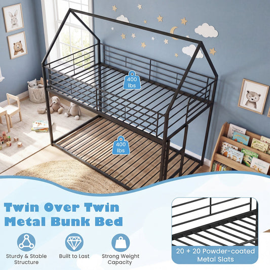 Twin Over Twin Metal Bunk Bed with Roof and Ladder - Tampa Home & Garden Store