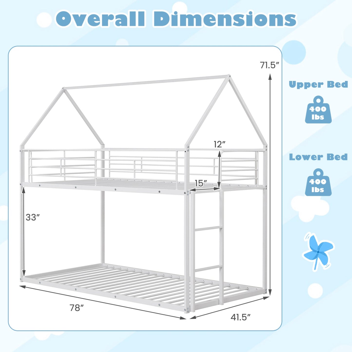 Twin Over Twin Metal Bunk Bed with Roof and Ladder