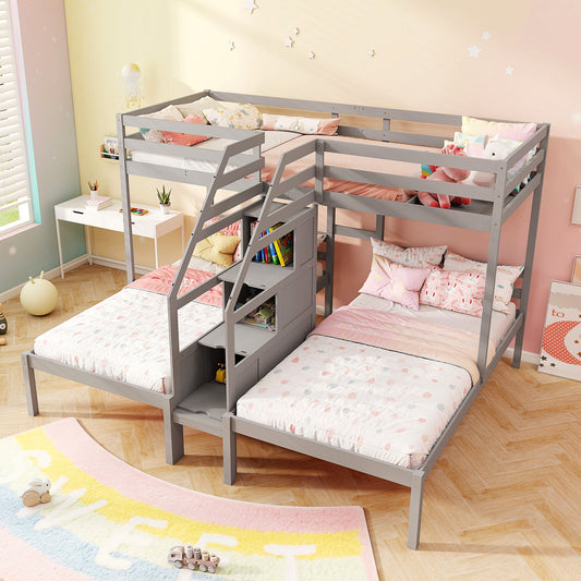 Twin Over Twin and Twin Bunk Bed with Storage Staircase and Guardrail for 3 Kids Teens - Tampa Home & Garden Store