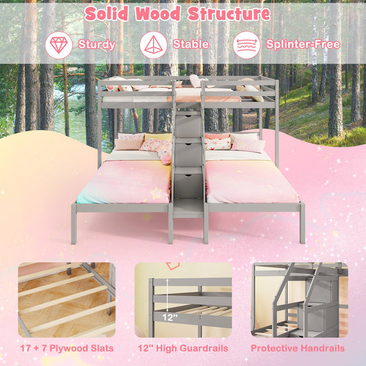 Twin Over Twin and Twin Bunk Bed with Storage Staircase and Guardrail for 3 Kids Teens - Tampa Home & Garden Store